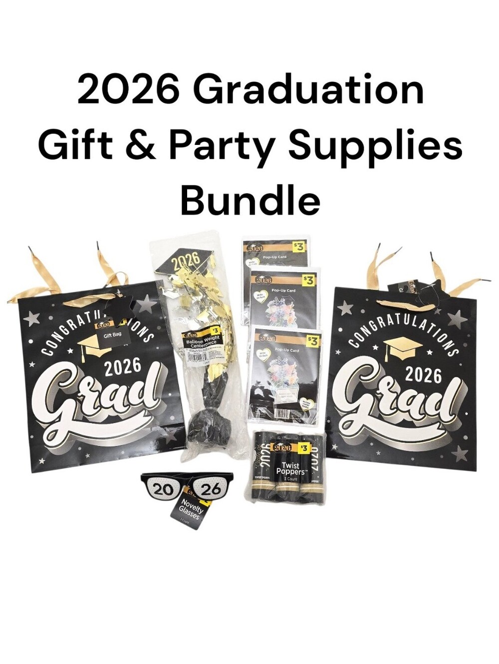 NEW 2026 Graduation Gift & Party Supply Lot Gift Bags, Cards, Poppers, Glasses +